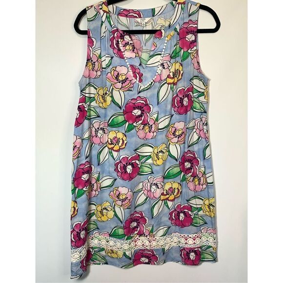 Crown & Ivy Sleeveless V-Neck Eyelet Lace Floral Shift Sundress Blue Red Medium - Picture 1 of 6